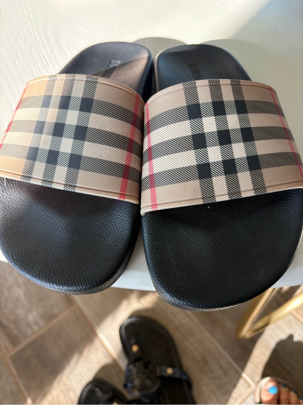 Burberry Beige Plaid Slide Sandals with Black Footbed